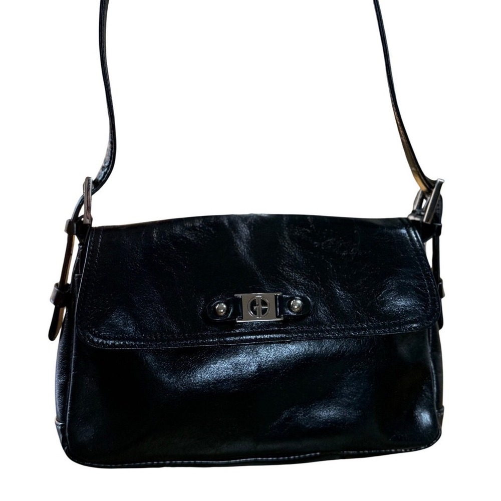 Giani Bernini Black Leather Baguette Shoulder Bag Silver Hardware Minimalist Y2K